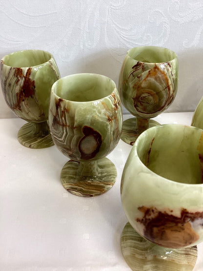 6x Onyx Marmor Kelche Weinkelche Becherset grün braun vintage Naturstein, H 10cm