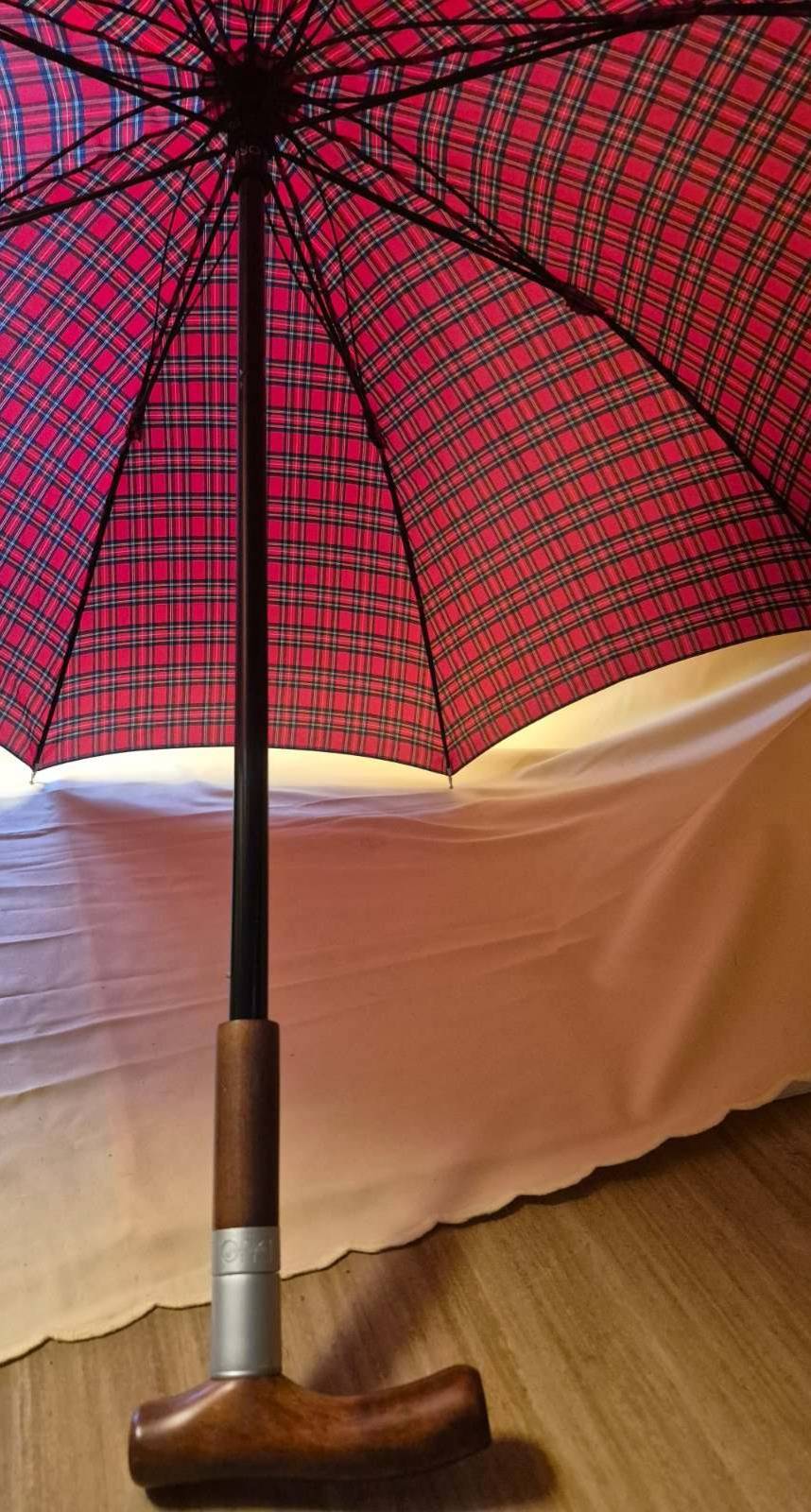 Gehstock mit Regenschirm Royal Tartan Holzgriff Schirm 2in1 Spazierstock rot
