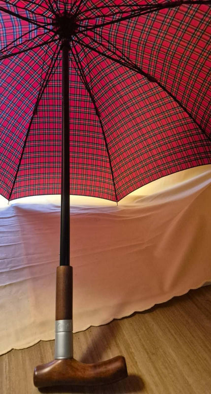 Gehstock mit Regenschirm Royal Tartan Holzgriff Schirm 2in1 Spazierstock rot