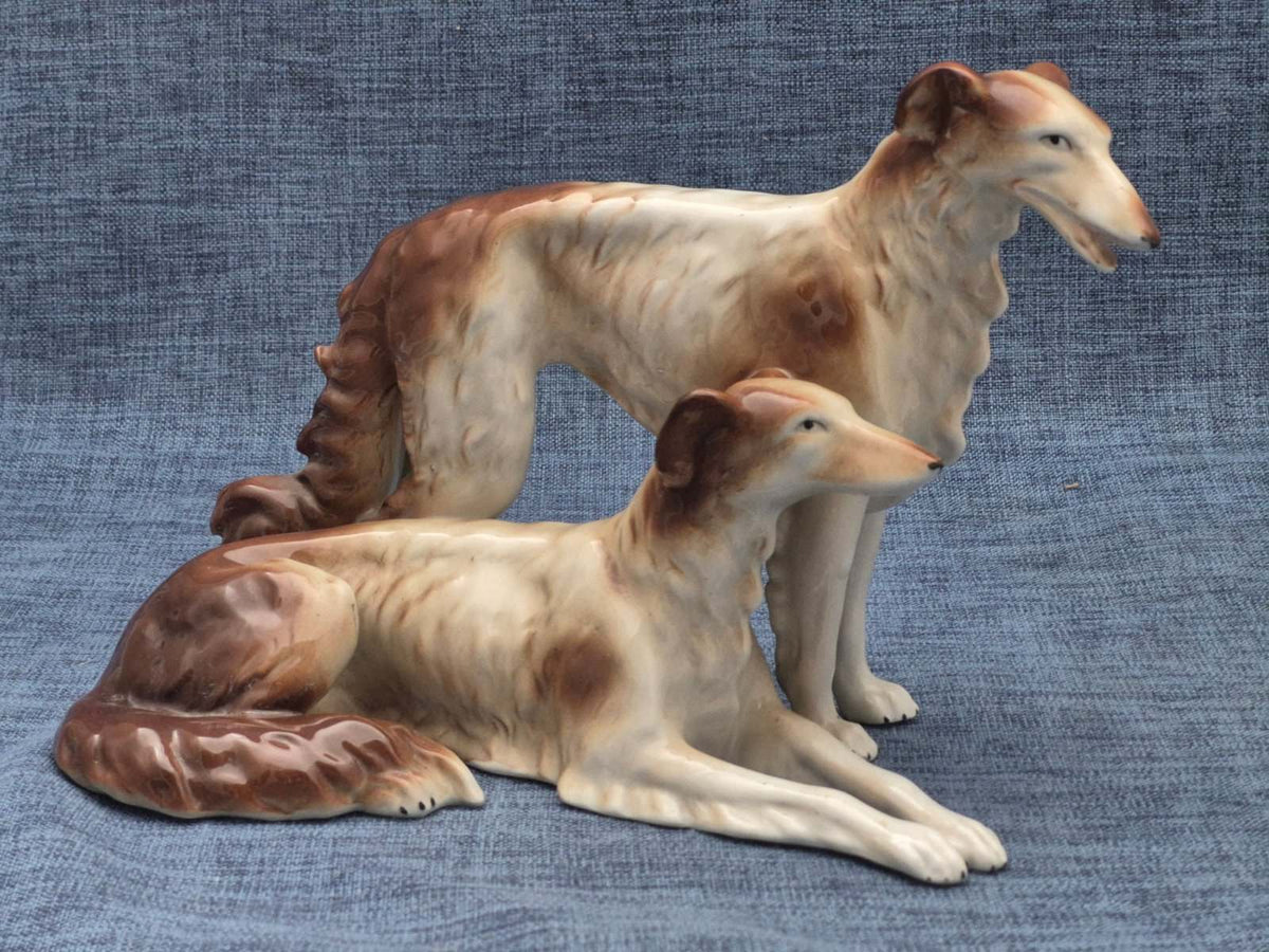 Porzellan Figur Barsoi Paar stehend & liegend Windhund Vintage Deko Hund