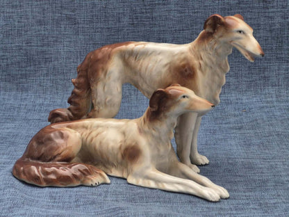 Porzellan Figur Barsoi Paar stehend & liegend Windhund Vintage Deko Hund