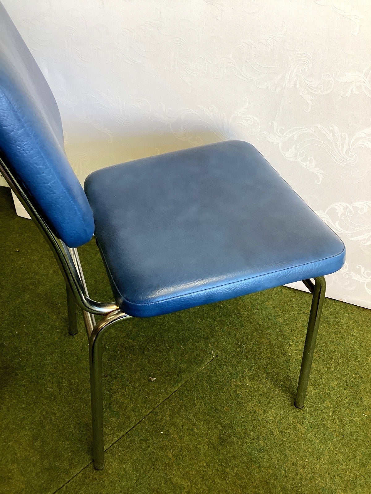 Mayer Vintage Stuhl Chrom Kunstleder Blau 70er Küchenstuhl Retro Polsterstuhl