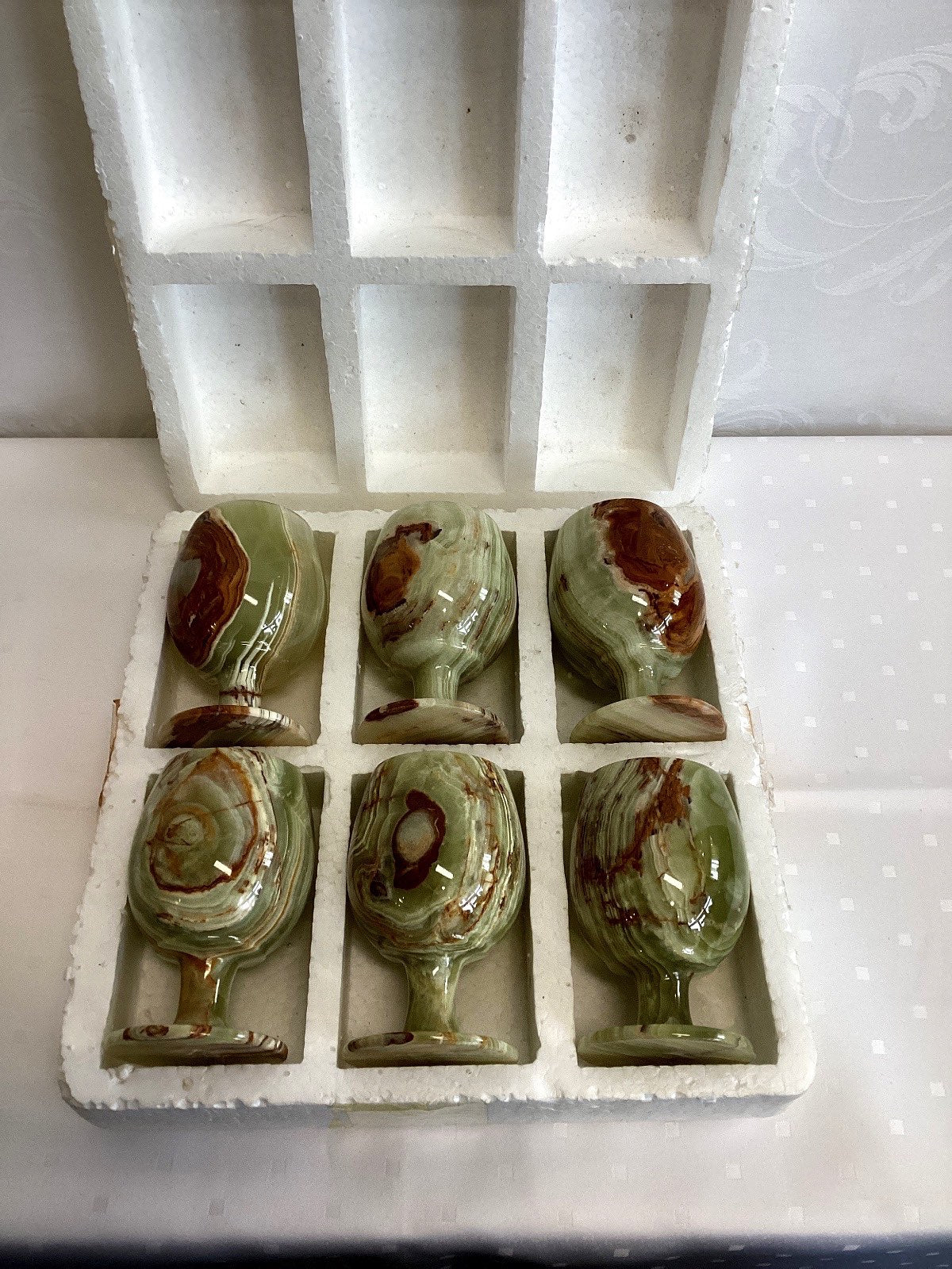 6x Onyx Marmor Kelche Weinkelche Becherset grün braun vintage Naturstein, H 10cm