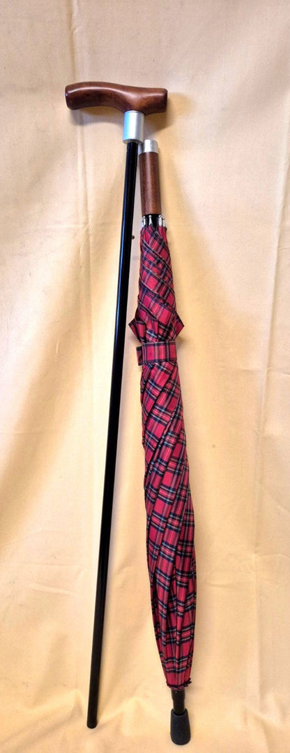 Gehstock mit Regenschirm Royal Tartan Holzgriff Schirm 2in1 Spazierstock rot